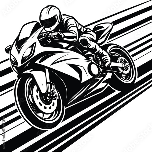 Black and white illustration of a motorcycle racer with speed lines