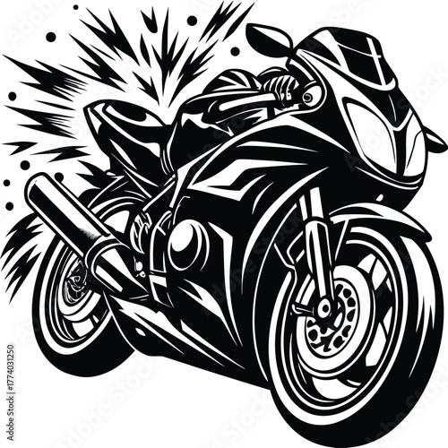 Black and white illustration of a motorcycle with explosive motion effects