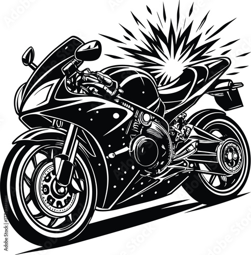 Black and white illustration of a sport motorcycle with explosion graphic