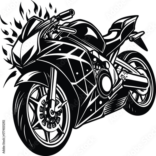 Black and white illustration of a sport motorcycle with flame graphic