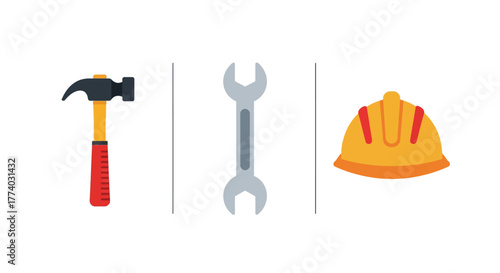 Minimalist construction tools: hammer, wrench, and hard hat in flat design