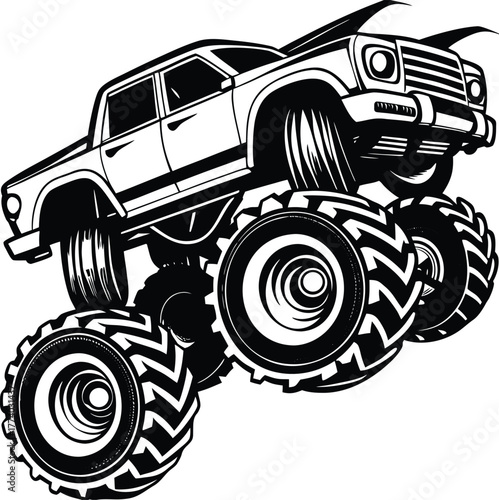 Black and white monster truck with lifted suspension and large tires