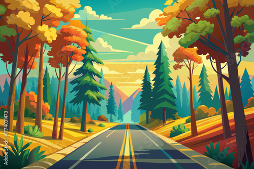 A straight road through beautiful mixed forests with vibrant green and golden trees, a scenic nature landscape that shows the path of leisurely travel and outdoor adventure in a tranquil forest settin
