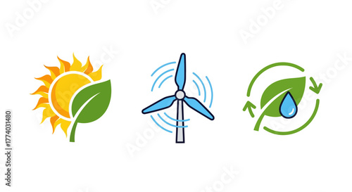 Eco-friendly energy icons: solar, wind, and water symbols for sustainable practices