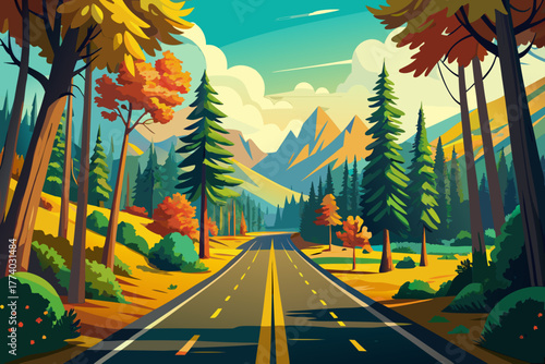 A straight road through beautiful mixed forests with vibrant green and golden trees, a scenic nature landscape that shows the path of leisurely travel and outdoor adventure in a tranquil forest settin