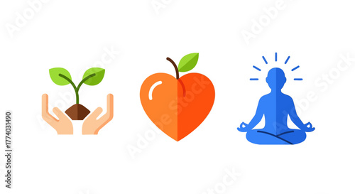 Wellness symbols: nature, nutrition, and mindfulness in vibrant icons
