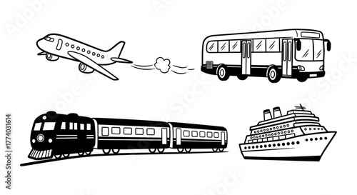 Silhouette transport icons: plane, bus, train, and ship in black and white