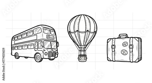 Monochrome travel icons featuring bus, balloon, and suitcase in a sketch style