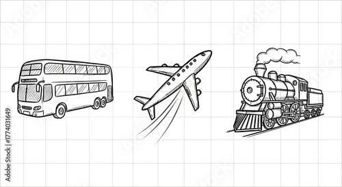 Hand-drawn transportation icons: bus, airplane, train on grid background