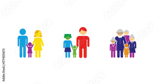 Colorful family icons representing generational diversity in a minimalist style