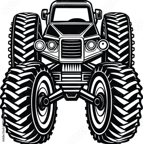 Bold front view of a monster truck with large wheels