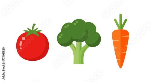 Colorful flat design vegetables: tomato, broccoli, and carrot icons