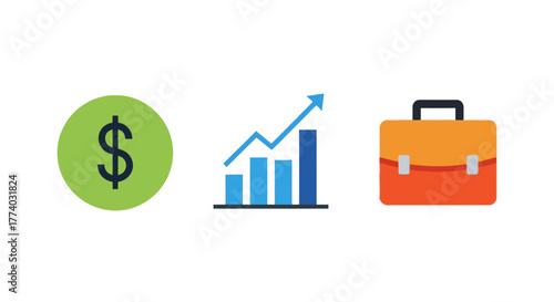 Business and finance icons with dollar sign, growth chart, and briefcase
