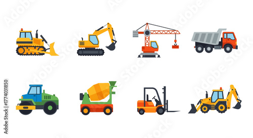 Colorful construction vehicles collection with flat design icons