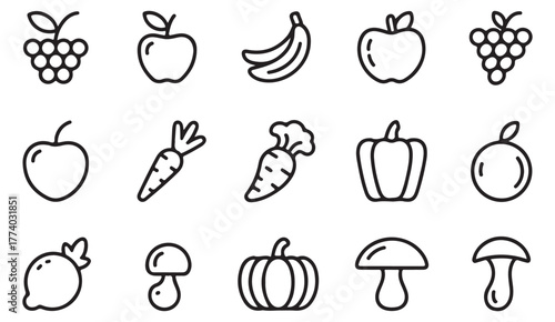 Farm fresh fruit and vegetable icons — simple outline design for food, diet, and eco-friendly concepts