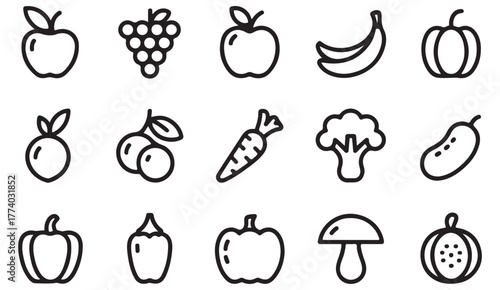 Minimal black and white vector illustrations of fruits and vegetables for organic and healthy living projects