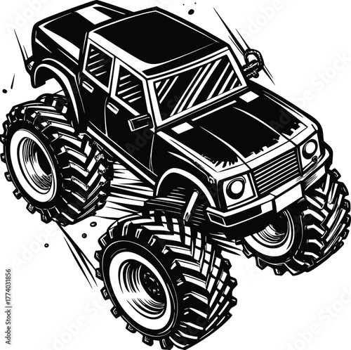 Dynamic black and white monster truck in mid-air with motion lines