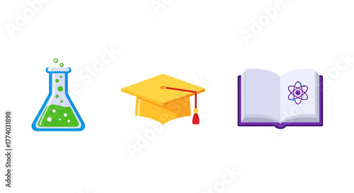 Science education icons: chemistry flask, graduation cap and academic book in flat design