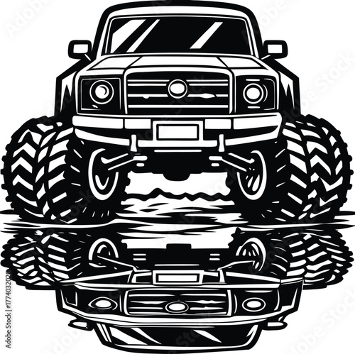 Monster truck and its reflection on water Keywords: monster truck, vehicle, off road, extreme