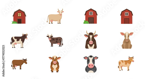 Farmyard collection: cows and barns in flat design for kids' education and decor