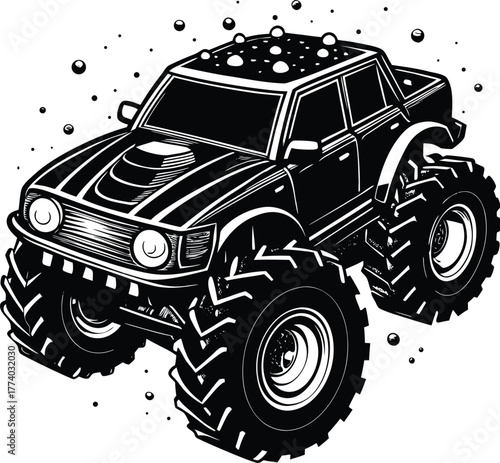 Monster truck angled view with bubbles Keywords: monster truck, vehicle, off road, extreme, large