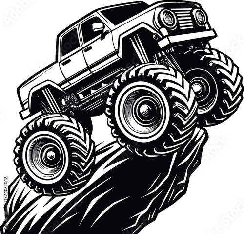 Monster truck ascending a rocky cliff face vehicle