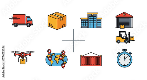 Logistics and delivery icons: vehicles, packing, warehousing, and timely shipping