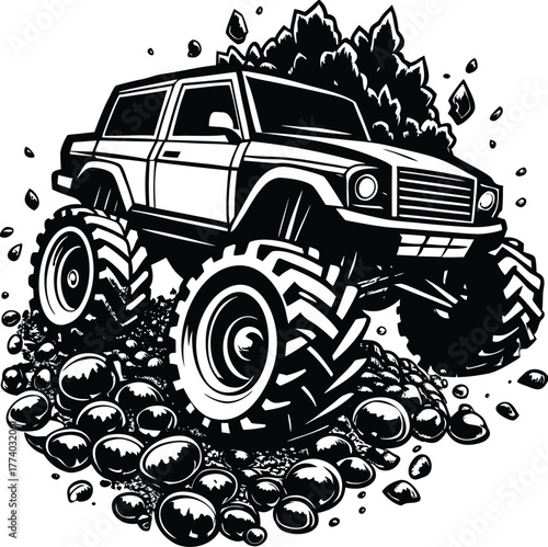 Monster truck driving over rocks and dirt vehicle off road