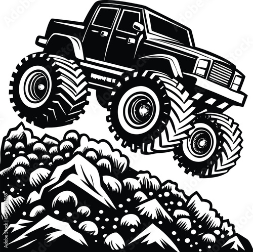 Monster truck driving over rocky terrain off road extreme