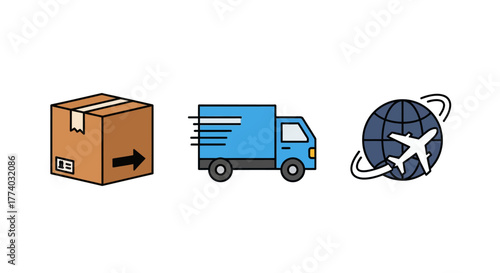 Delivery icons: parcel, truck, and global logistics in flat design
