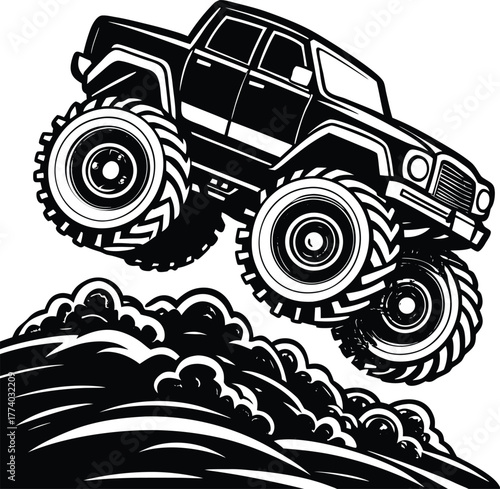 Monster truck jumping over abstract terrain vehicle