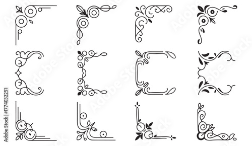Elegant line art corner designs featuring vintage flourishes and floral details for creative decoration