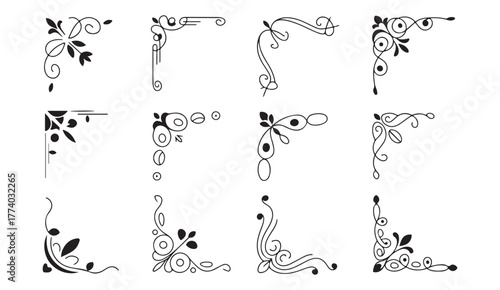 Hand-drawn black and white ornamental corner illustrations for invitations, frames, and decorative art