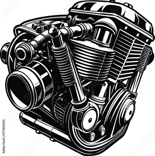 Detailed V Twin Motorcycle Engine Illustration mechanical