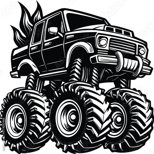 Monster truck with flames on a white background vehicle