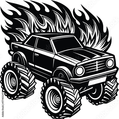 Monster truck with flames on white background vehicle