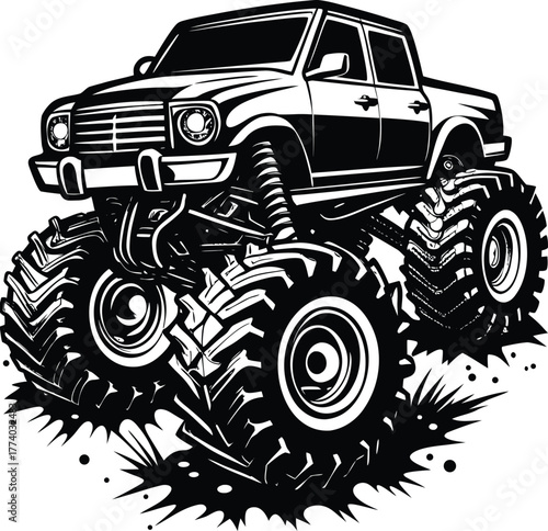 Monster truck with large tires and ground impact in black and white