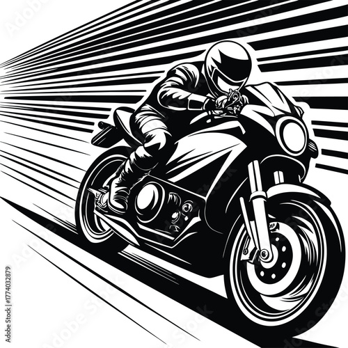 Motorcycle rider in action with speed lines biker helmet