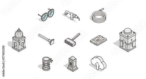 Modern isometric objects set featuring architecture, tools, and tech elements