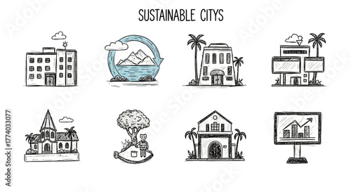 Hand-drawn elements showcasing sustainable urban development concepts