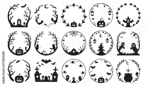 Halloween circular frame vector set with pumpkins, ghosts, bats, and haunted house elements in black and white