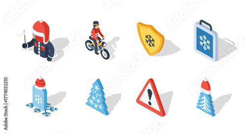 Winter sports icons isometric set: cyclist, shield, bag, tree, warning sign