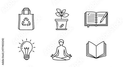 Collection of eco-friendly and mindfulness icons in linear style