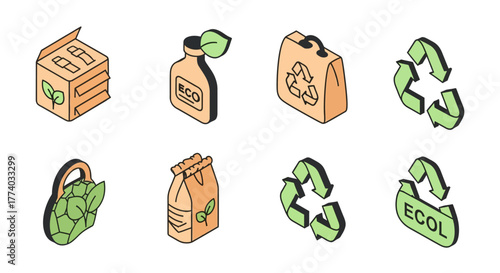 Eco-friendly isometric icons featuring recyclable packaging and green symbols