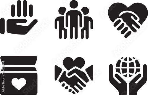 Charity, Donation, Volunteering, and Community Vector Icons Set.