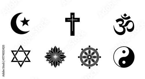 Religion symbols set: christian, islamic, judaic, hindu, buddhist, taoist icons