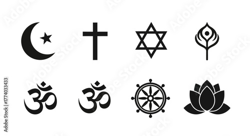 Religious symbols collection: crescent, cross, star, om, lotus, wheel in black