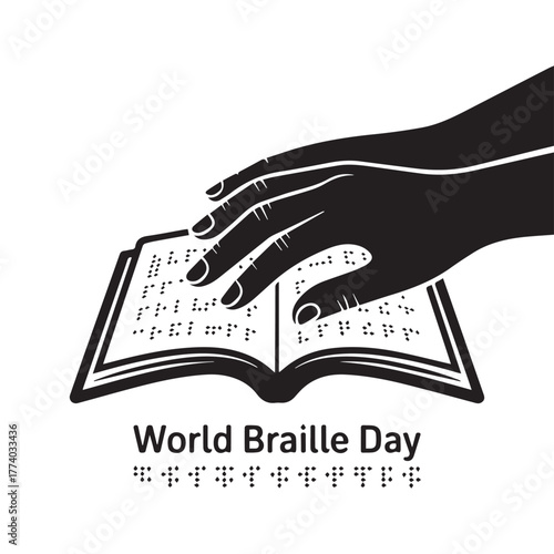World Braille Day Banner: Hand Reading Braille Book Vector Icon