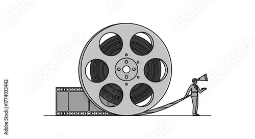 Retro cinema film reel with stick figure director in minimalist art style