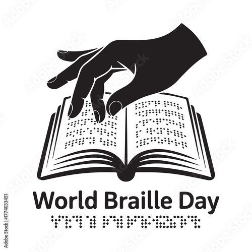 World Braille Day Banner: Hand Reading Braille Book Vector Icon